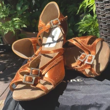 Latin Ballroom shoes open toe Satin strappy "Melissa" IntDanceShoes Dark Tan.