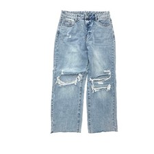 Shein Baggy Jeans Womens L Blue Distressed Raw Hem Wide Leg Denim