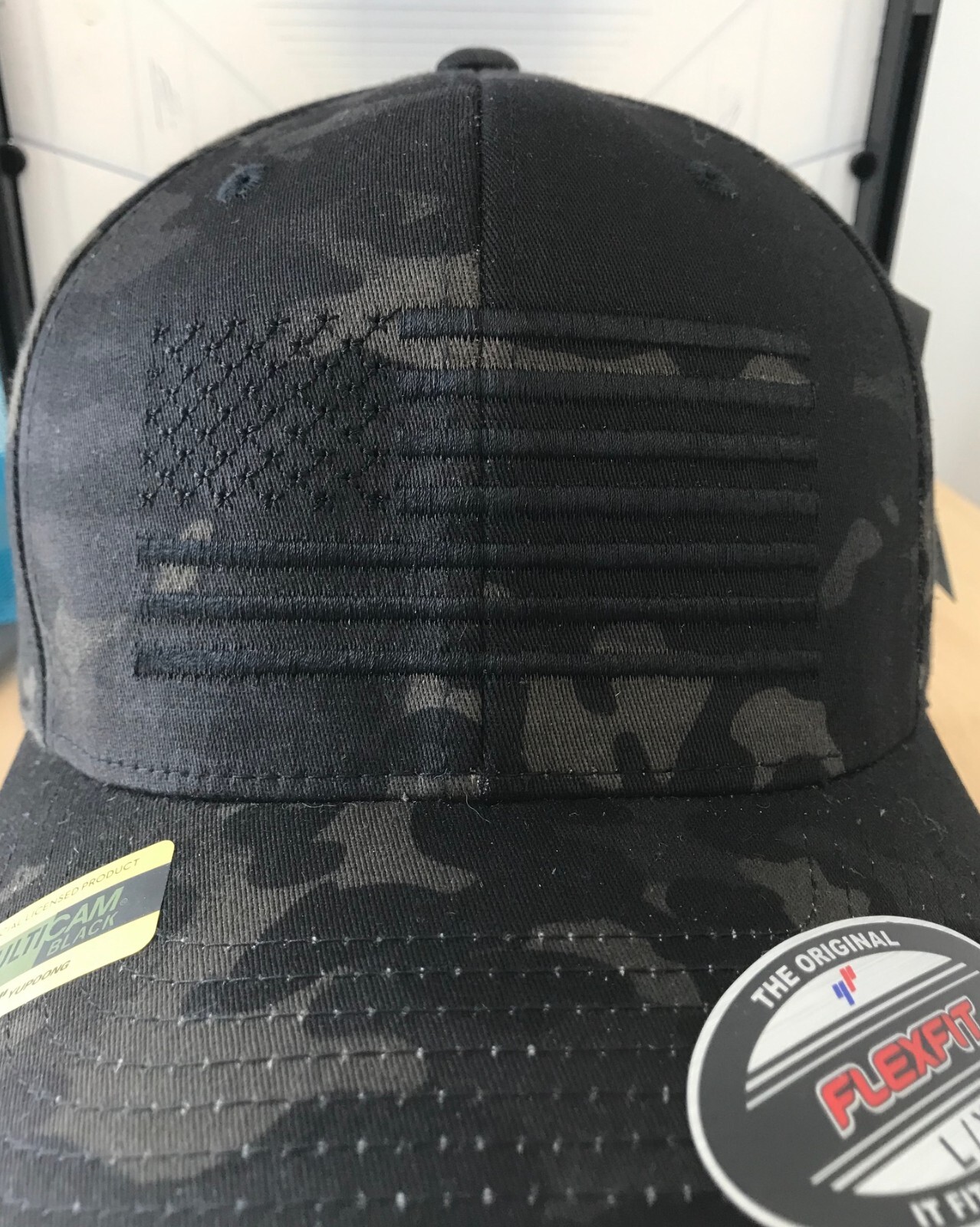 Flexfit MultiCam w/Black on Black USA FLAG Fitted Cap Hat SIZE L/XL