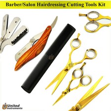 Beauty Gold Barber Hair Mustache Scissors Shear Shaving Razor and Comb Set Of 4