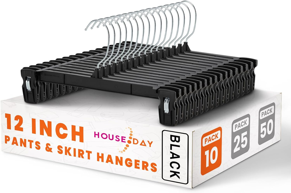 Skirt Hangers Pants Hangers 12-Inch Heavy Duty Plastic Big Clips 10-Pack, Black