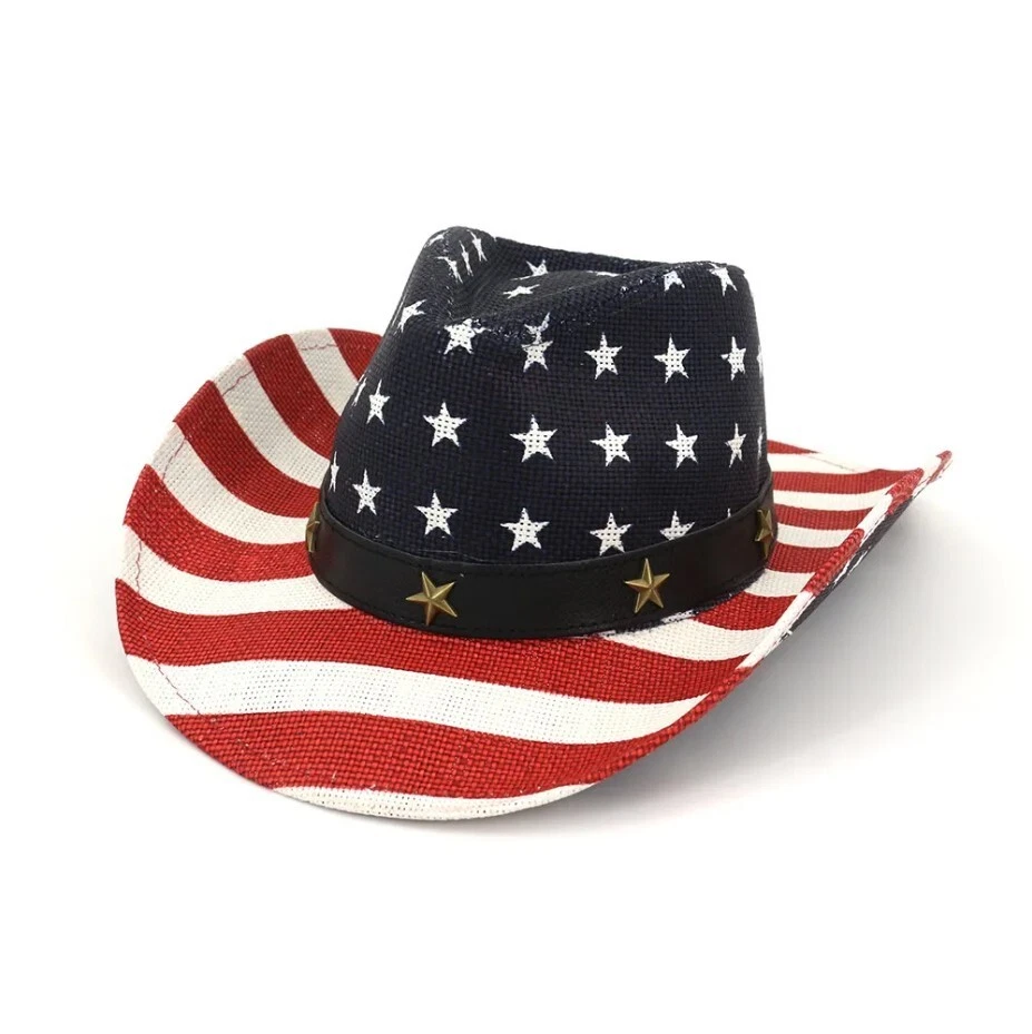 Chapéu de cowboy bandeira americana, vermelho brilhante, branco, azul oeste EUA formato aba - Imagem 4 de 4