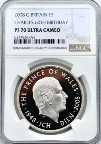 2008 £5 Proof Prince Charles 60th NGC PF70 Cupro-nickel - Picture 1 of 3