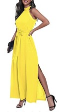 2XL Women Sleeveless Halter Neck Back Tie Maxi Dress High split Solid Long Dress