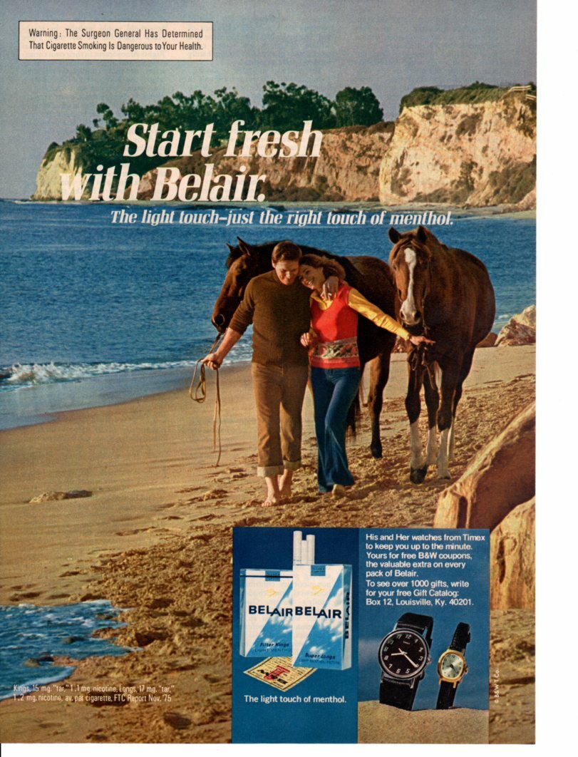 Vintage print ad Tobacco Cigarettes Belair Couple Beach horse 