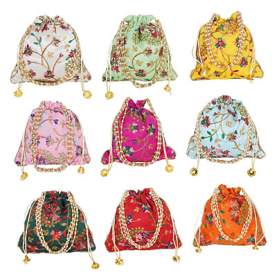 Lot Potli Bag Indian Bridal Purse Handbag Gold Silk Embroidery Pouch Bag Wedding