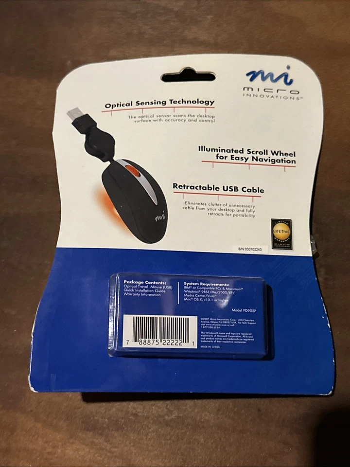 MICRO INNOVATIONS OPTICAL Travel Mouse USB PD905P 3 Button Scroll Retract Wire - Image 2 of 2