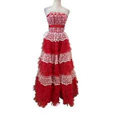 Vtg 50s Cupcake Tiered Lace Dress 25" W Red Strapless Tulle Prom formal Glam