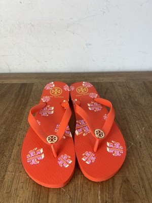 Tory Burch Poppy Red ''Crazy Logo'' Rubber Flip Flops Color Reddish-Orange. Size 9