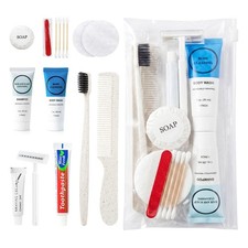 5 Kits Travel Toiletry Kit Bulk, 9-in-1 Disposable 1 Count Pack of 5 , Beige