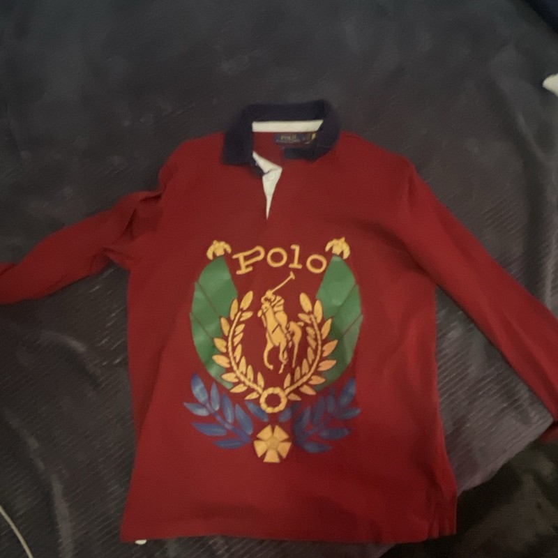 Polo Men’s M Red Long Sleeve Rugby Polo Graphic Print Embroidered Logo