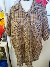 Vintage Wrangler Shirt 17-1/2 Brown Blue Plaid Pearl Snap Cowboy Cut Long Tails