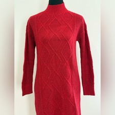 Loft XS Red Cable Knit 3% Wool Sweater Above Knee Dress 262