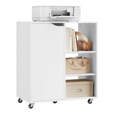 Druckertisch Aktenschrank mit Rollen 3 offenen Fächern Tür 60 x 70 x 35cm Weiß