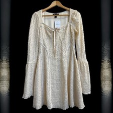 Forever 21 Mini Cream Ivory Long Sleeve Textured Stretchy Romantic Dress L #216