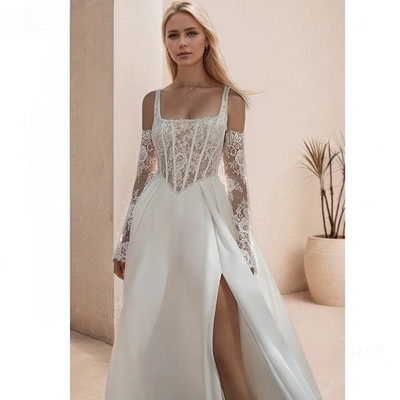  Modest Scoop Neck  Long Sleeves Side Split Vestidos Bridal Dress Customized