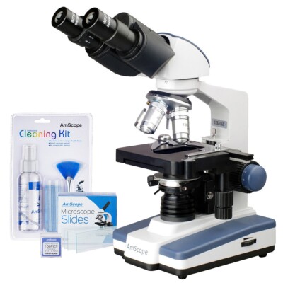 AmScope 40X-2500X Lab Compound Binocular Microscope w 3D Mech Stage + Slide Kit