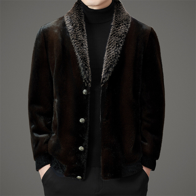 Men's Mink Coat Casual Loose Singlebreasted Jacket Warm Jacket Black