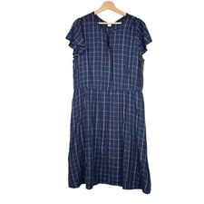 OLD NAVY Navy Blue Plaid Midi Dress Short Flutter Sleeve Keyhole Neckline Sz XL