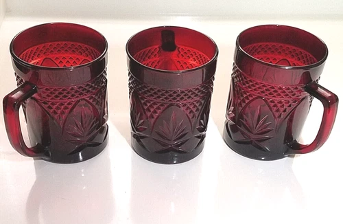 Vtg Ruby Red French Luminarc Arcoroc Glass Coffee Mugs 5" Cristal Arques Lot(3)