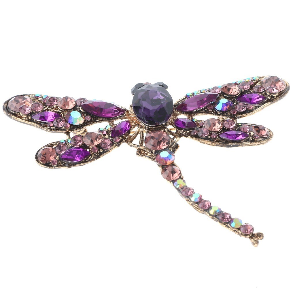 Antique Gold Tone Metal Large Crystal Dragonfly Brooch P1345-PPL
