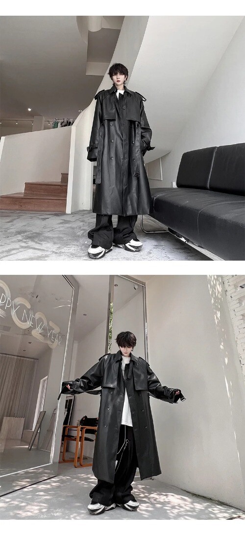 Men's Long Coat Mid Length Leather Trench Streetwear Trend Male Pu