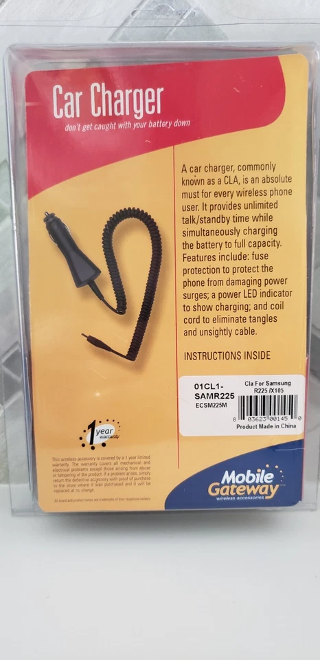 Cargador Coche Celular para Samsung R225, Mobile Gateway Marca, NUEVO Nunca Abrido Foto 4 de 4
