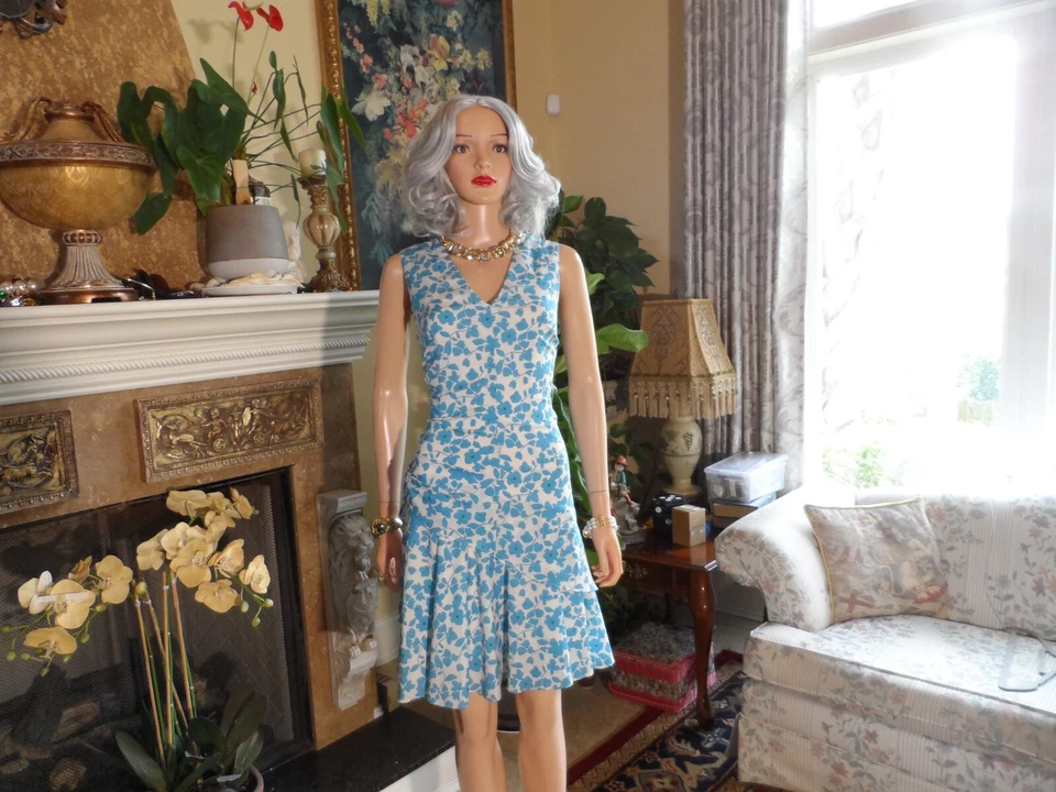 Vestido Derek Lam Azul Claro/Blanco Estampado Floral Acanalado Lateral con Dobladillo Flounce Talla 44-8 Foto 3 de 4