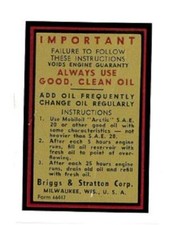 Fits Briggs & Stratton Important Instructions Motor Decal Gas Motor