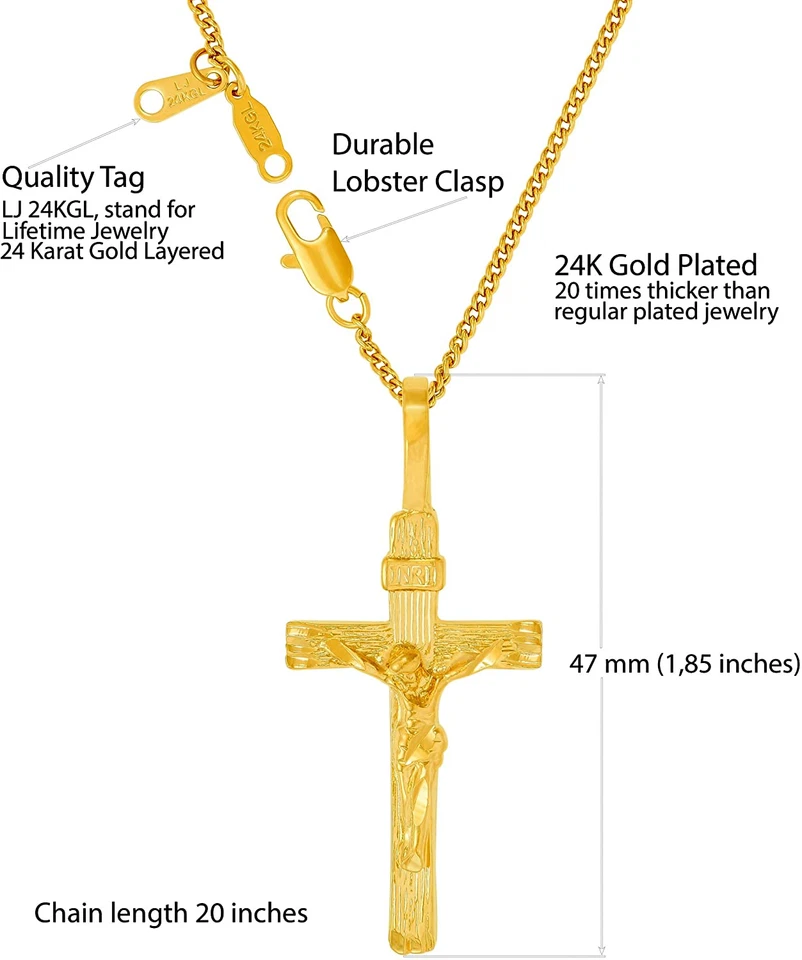 INRI Crucifijo Chapado en Oro 24k Cruz Jesús Colgante Collar Regalos para Mujeres Hombres Foto 3 de 4