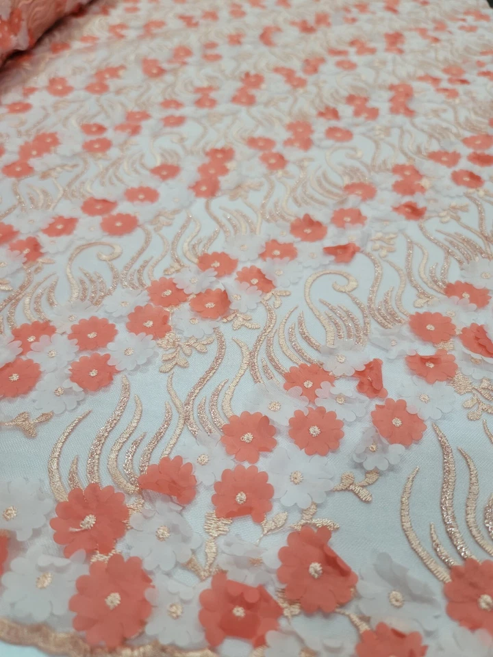 Tela por yarda coral encaje bordado 3d flores florales lentejuelas en malla graduación Foto 4 de 4