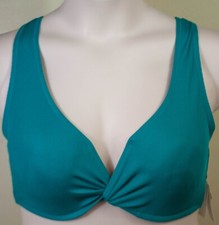 Shade  Shore Women Solid Teal Ribbed Padded Halter Bikini Top Size 38D