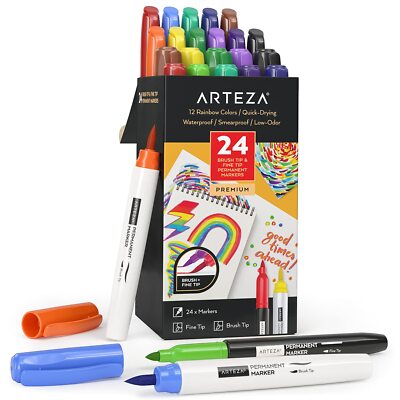 Arteza Permanent Marker | Rainbow | Brush & Fine Tip- Set of 24