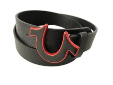 New True Religion Men Belt TR304702 Indo-Sage Enamel filled Horseshoe Black/Red