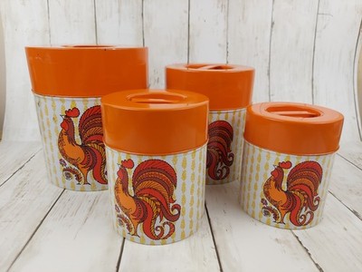 Vintage 1970s Orange And Yellow Norleans Rooster Chicken Canister Set Of 4 Japan