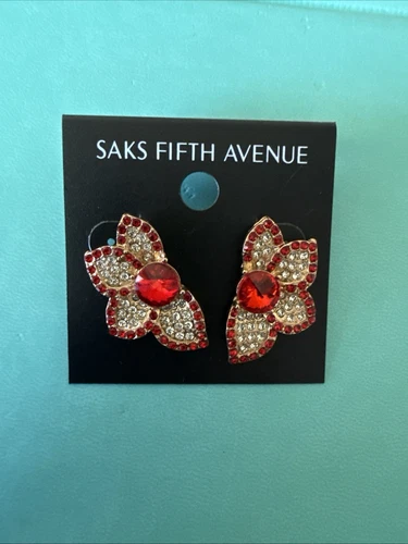 New Saks Fifth Avenue Gold Tone Red Rhinestone Pierced Earrings. New