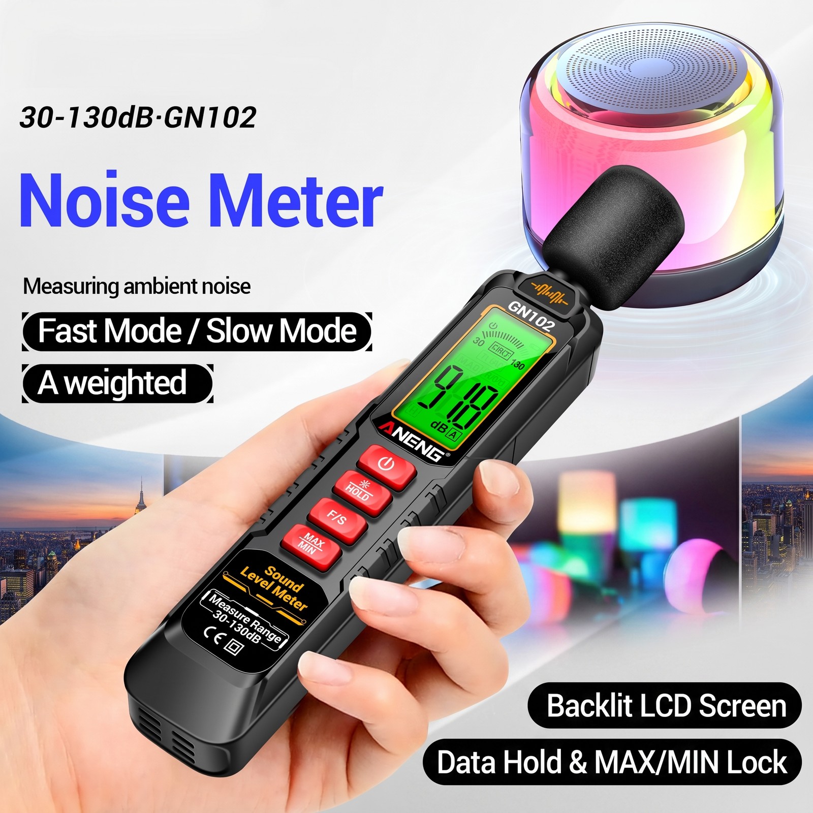 Digital Noise Meter 30‑130dB Handheld Decibel Tester Backlit LCD Data Hold