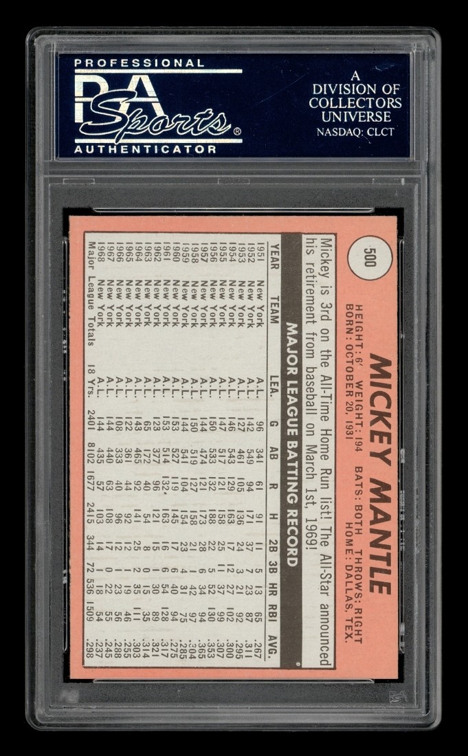 1969 Topps Set-Break #500 Mickey Mantle Last Name In Yellow PSA 8 NM-MT (OC) view 2