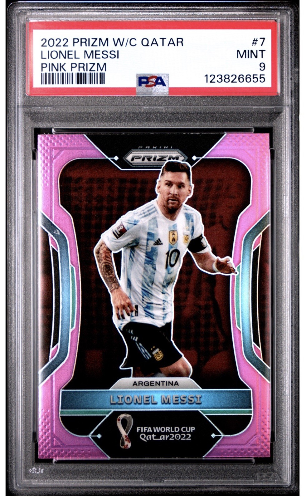 Panini 2022 Prizm World Cup Qatar Lionel Messi Argentina #7 Pink Prizm PSA 9