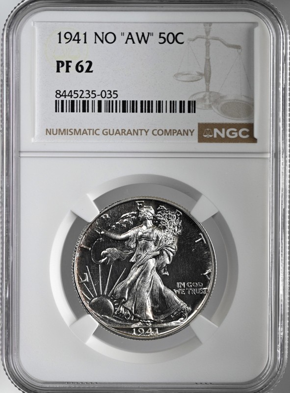 1941  50C  PROOF WALKING LIBERTY HALF DOLLAR  "NO AW"  NGC PF62  #8445235-035