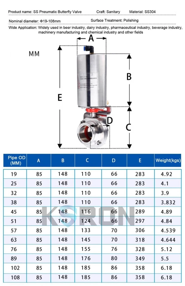 2-1/2'' Sanitary Pneumatic Butterfly Valve SS316L Clamp OD 77.5mm Single Acting - Image 3 of 4