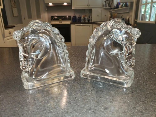 Vintage Federal Glass Clear Hollow Horse Head Book Ends Set of 2