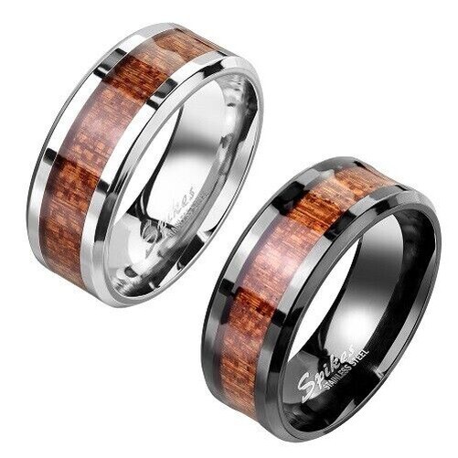 Anillo de Acero Inoxidable Mujer Hombre Banda Dedos Madera Inlay Veteada Pareja