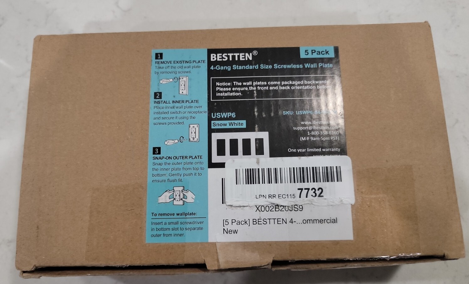 [5 Pack] BESTTEN 4-Gang Screwless Wall Plate, USWP6 Snow White Series, Decorator