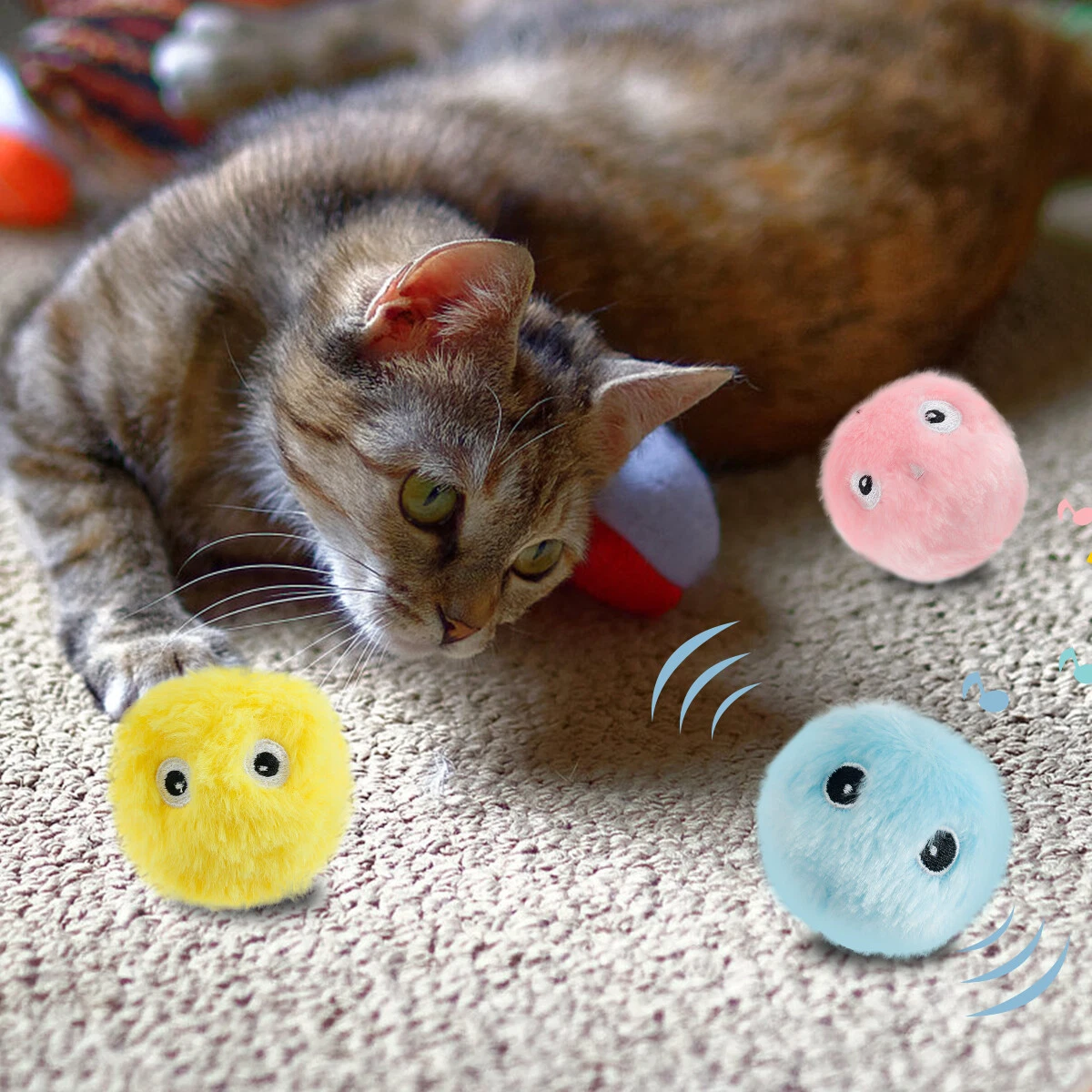 3x Cat Toys Balls Squeaky Fluffy Plush Cat Toys Battery Operated