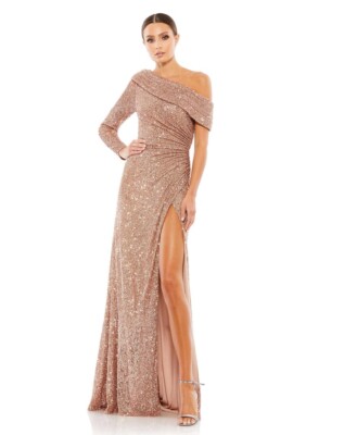 MAC DUGGAL SEQUINED DROP SHOULDER FAUX WRAP GOWN 26571 COPPER SIZE 4