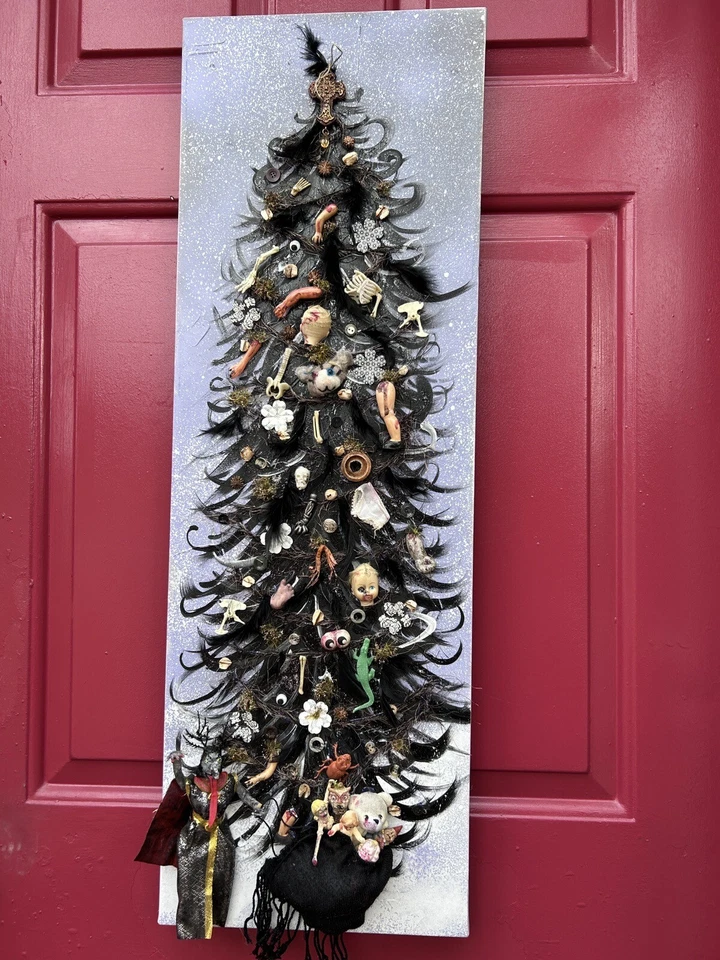 Original 36”x12” Medios Mixtos Krampus 'Krampusnacht' Malvado Santa Navidad Oscura Foto 3 de 4