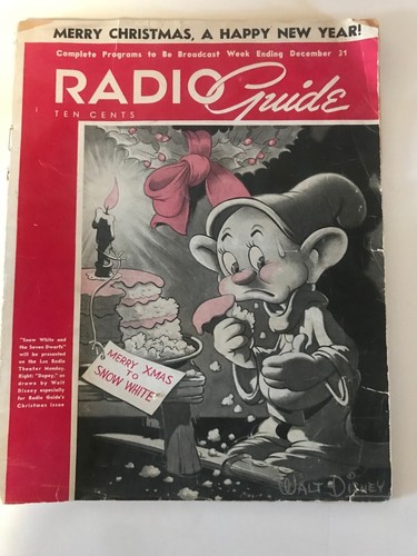 Radio Guide Magazine Dec 1938 WALT DISNEY DRAWING on cover-DOPEY/SNOW WHITE