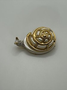 Authentic Kenneth Jay Lane KJL Gold Plated Faux Pearl Crystal Snail Brooch