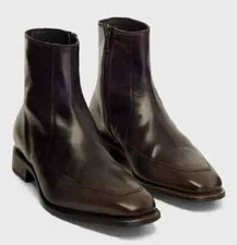 Handmade Mens Dark Brown Square Toe Side Zipper Brown Leather Boots For Men 6-16